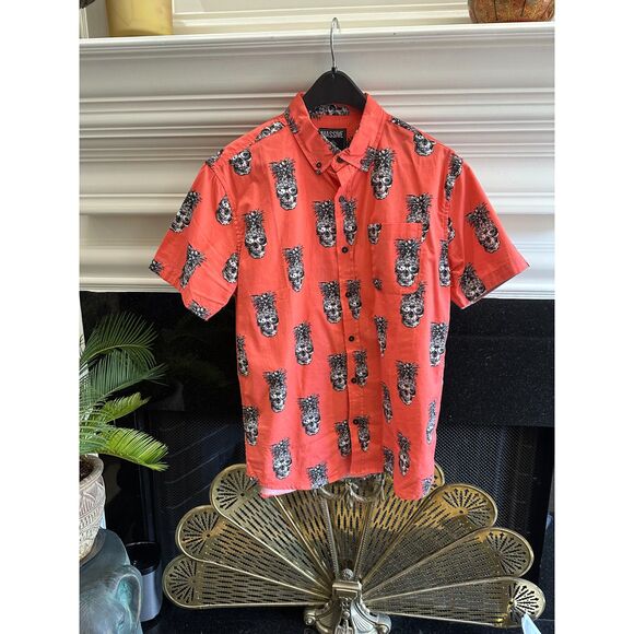 massive Other - Massive Skull and Crossbone Men's Button Down Coral Shirt Medium